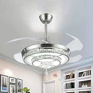 42-Silver Crystal Ceiling Fan Light With Retractable Blades Remote Control LED Chandelier Fan