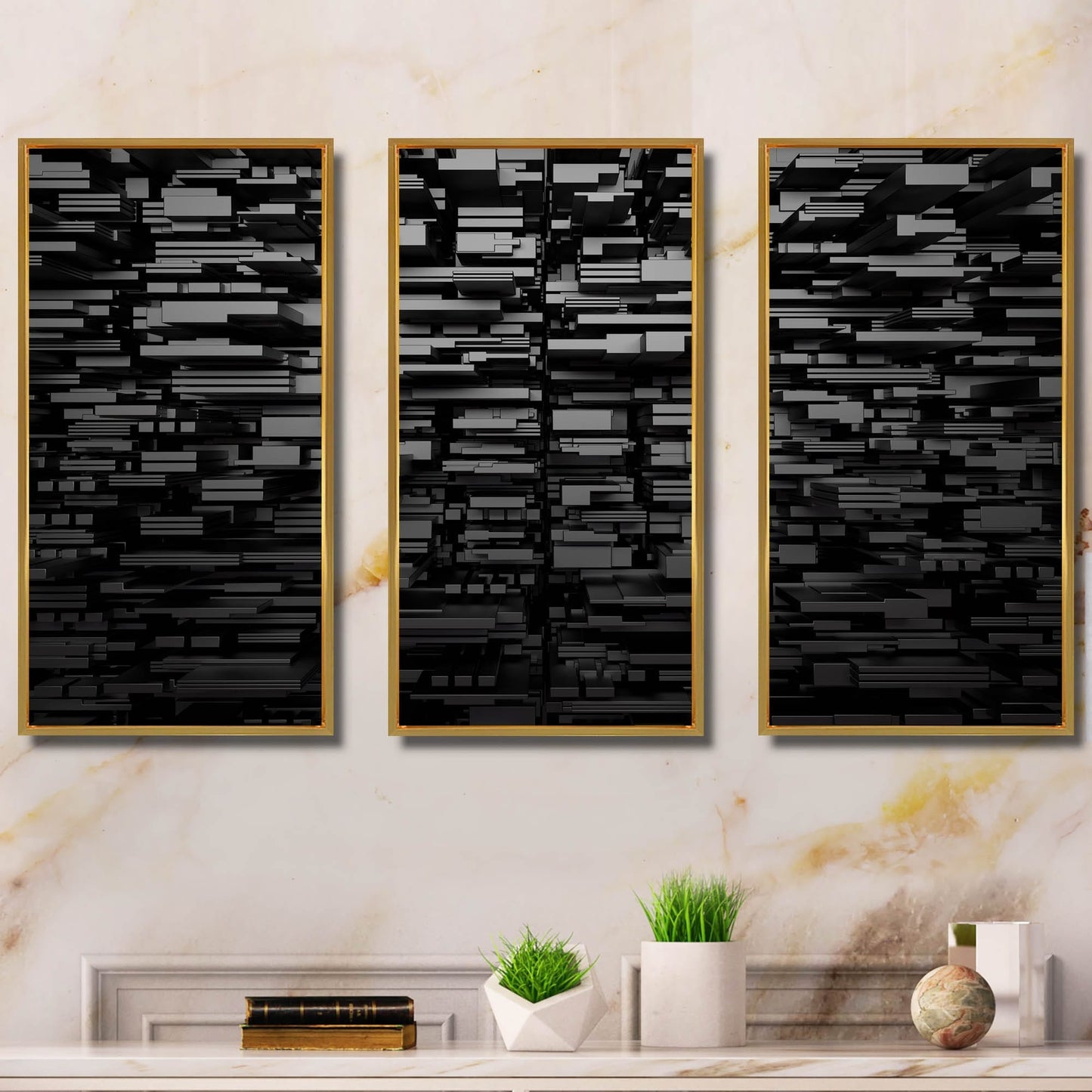 Black 3D Geometric Background - Abstract Framed Canvas Wall Art Set Of 3