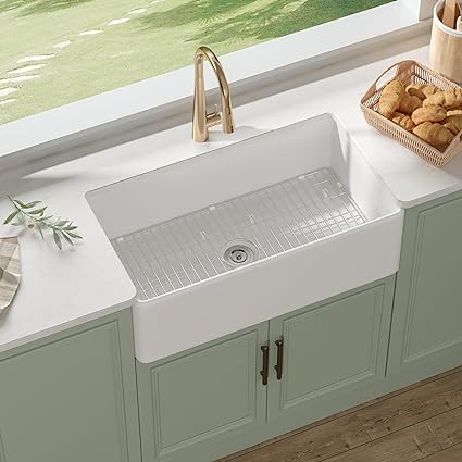 Grove Fireclay Farmhouse Kitchen Sink with Sink Grid and Basket Strainer