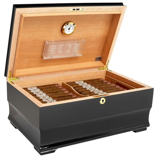 Humidor Supreme Malta Cigar Storage Piano Black And Walnut Burl Wood With Decorative Inlay Spanish Cedar Tray Glass Hygrometer Crystal Humidifier Lock Key, Holds 85-135 Cigars (Malta)